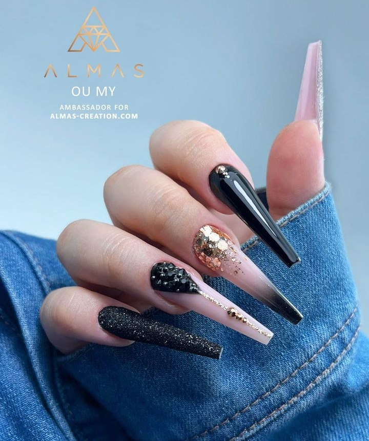 Coffin Black Nails with Glitter and Rhinestones