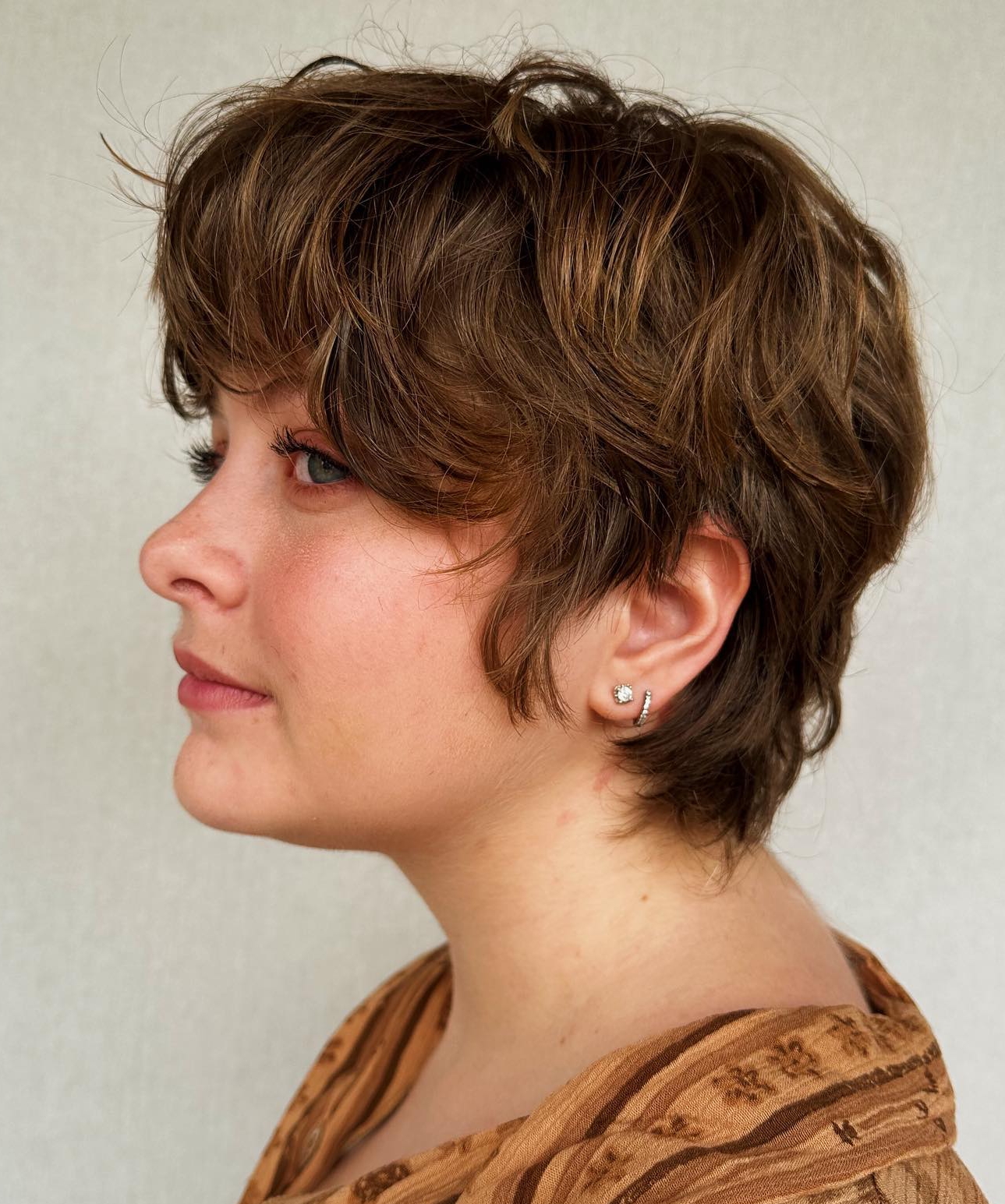 Dark Brown Color on Wavy Pixie Cut