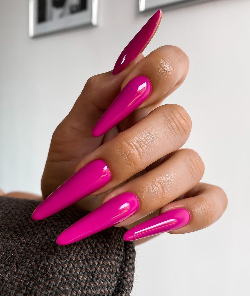 Dark Pink Glossy Stiletto Nails