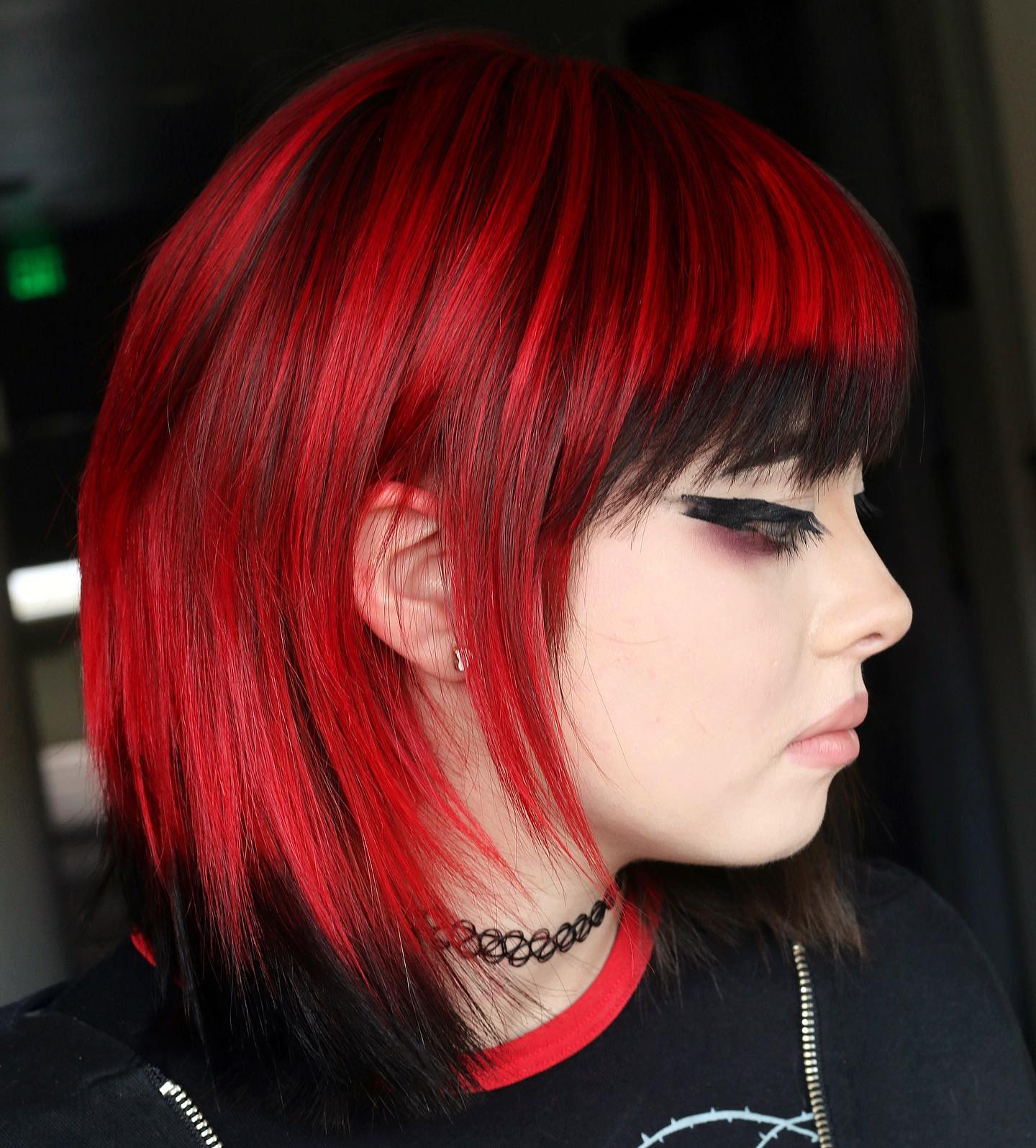 Dark Red Hair with Lowlights on Bob Cut with Bang