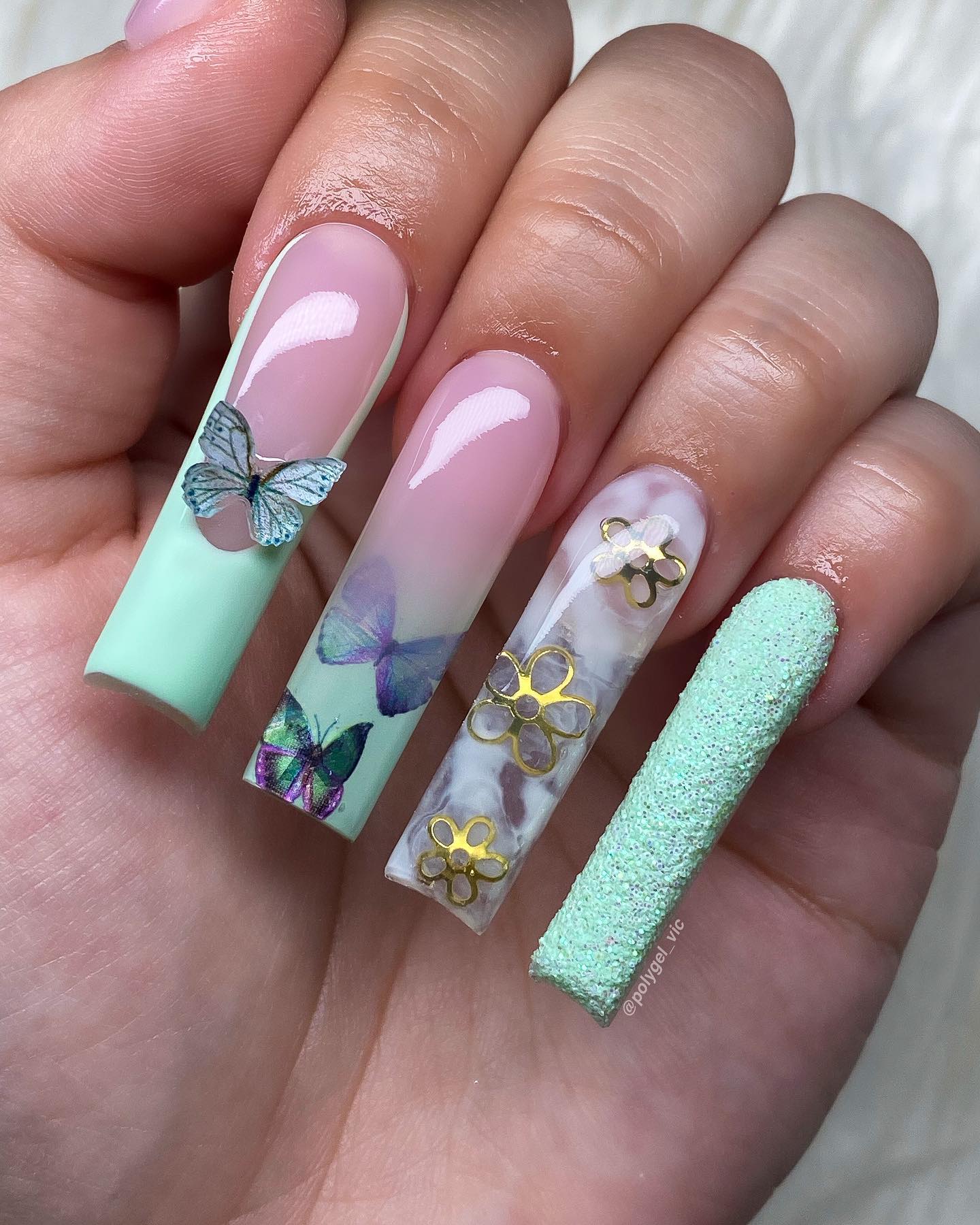 Long Acrylic Lights Green Nails with Butterflies