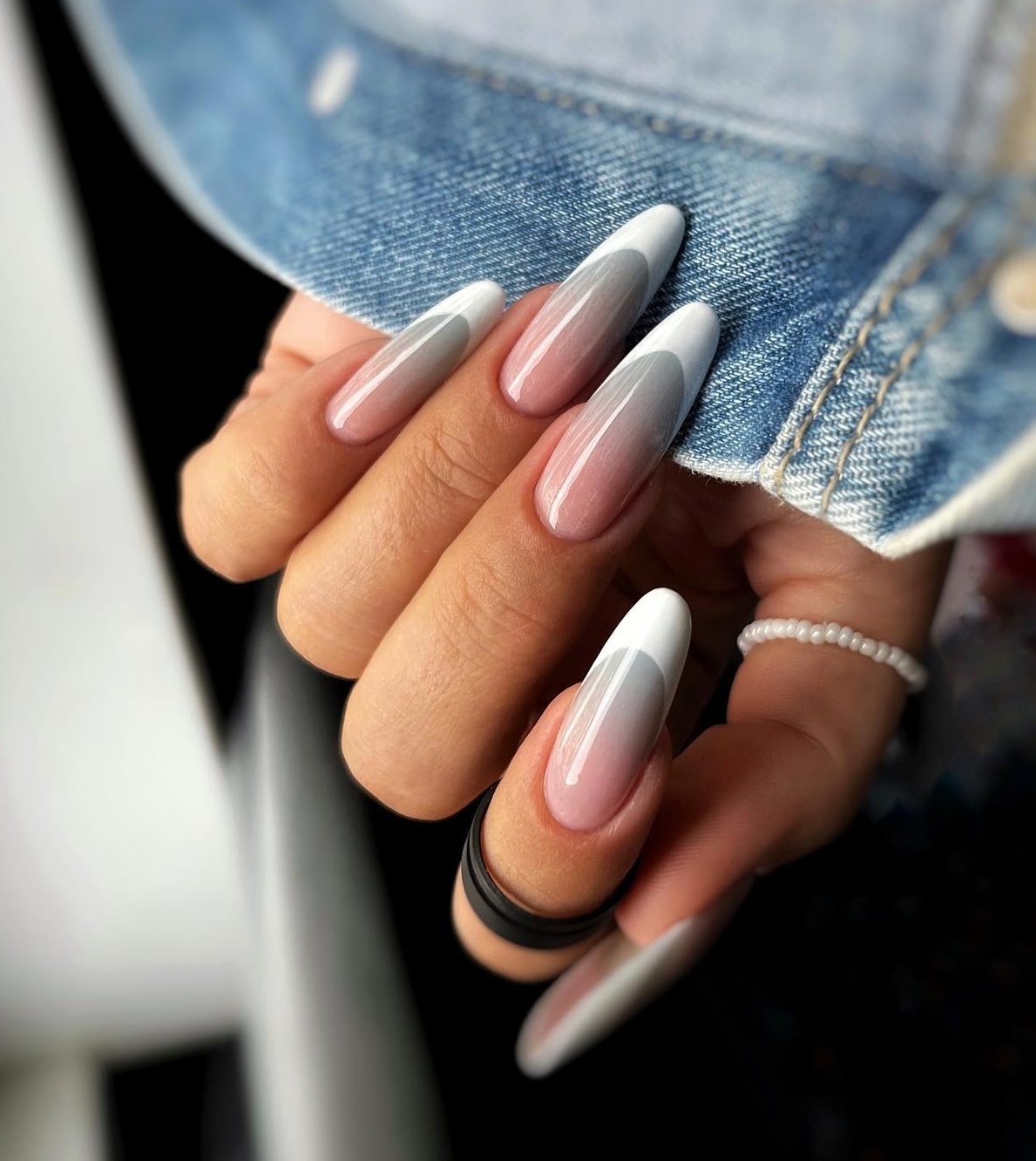 Long Grey Nails with Ombre and White Tips
