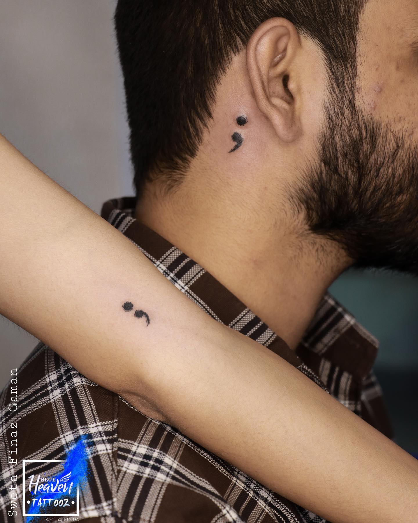 Matching Semicolon Tattoo on Neck and Arm