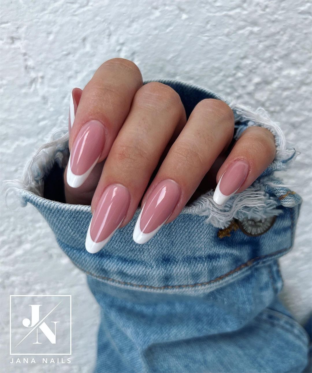 Nude Almond Nails with White French Tips