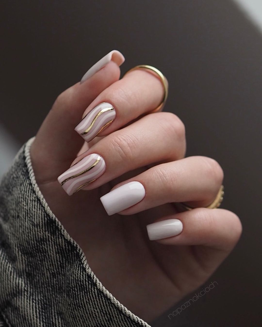 Nude Square Nails with Gold Swirls