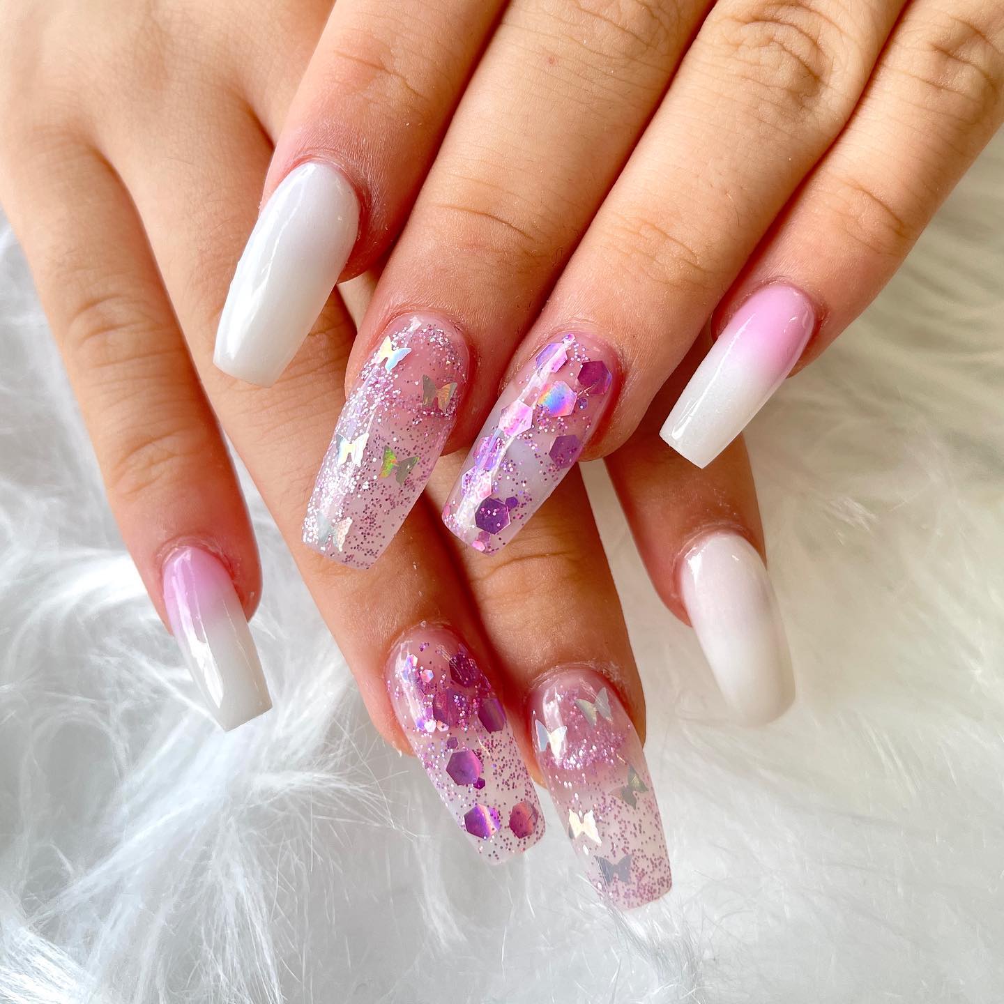 Pink and White Nails with Silver Butterflies