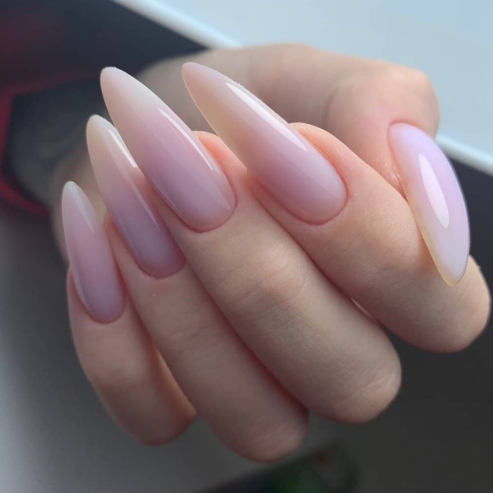 Long Light Pink and White Ombre Nails