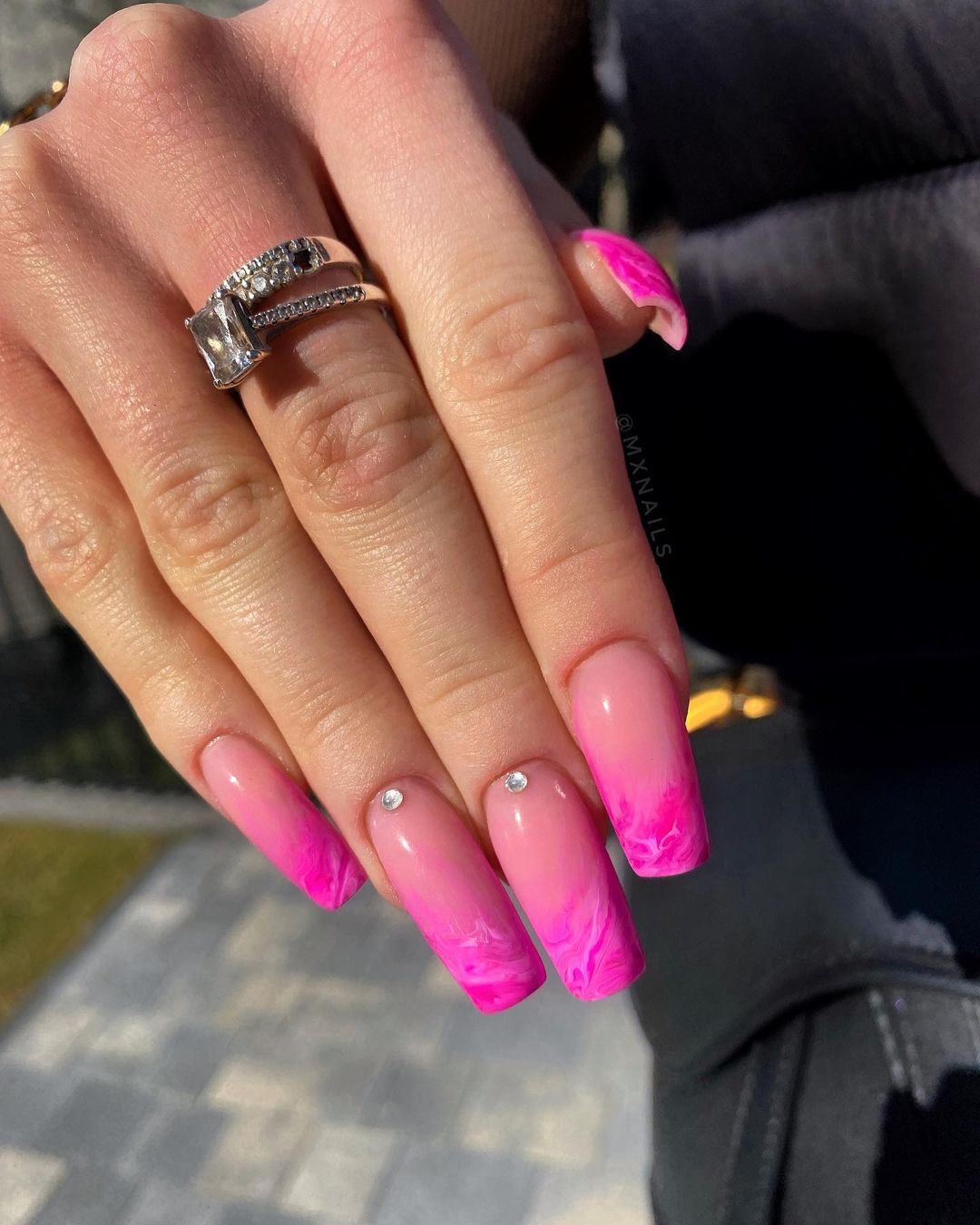 Pink Marble Nails with Diamonds