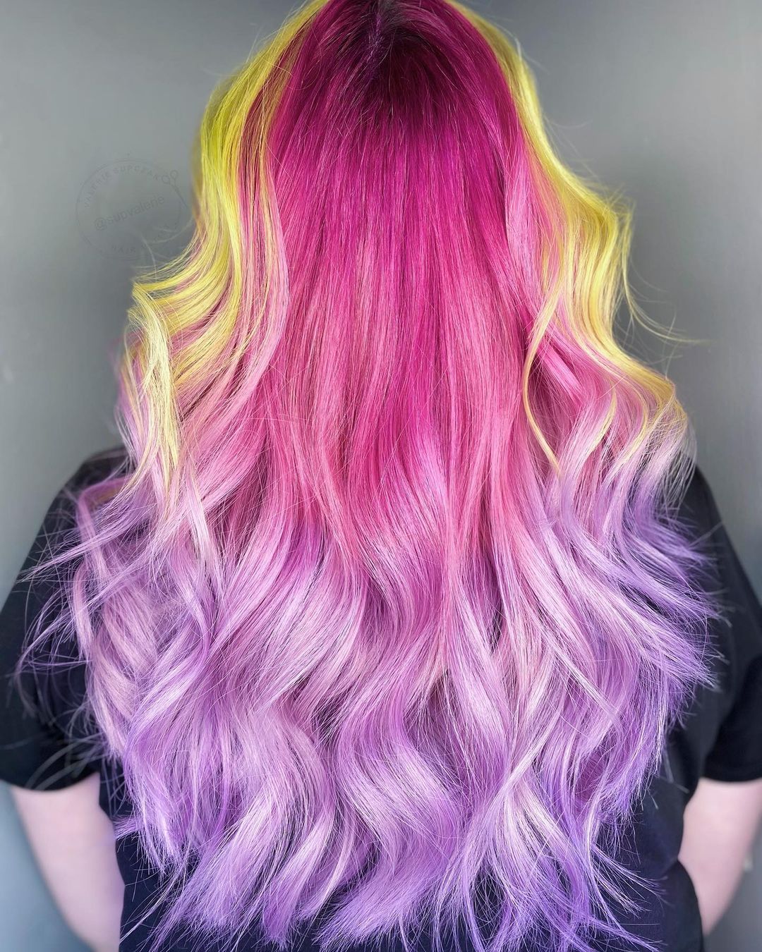 Pink to Purple Ombre on Long Hair with Yellow Highlights