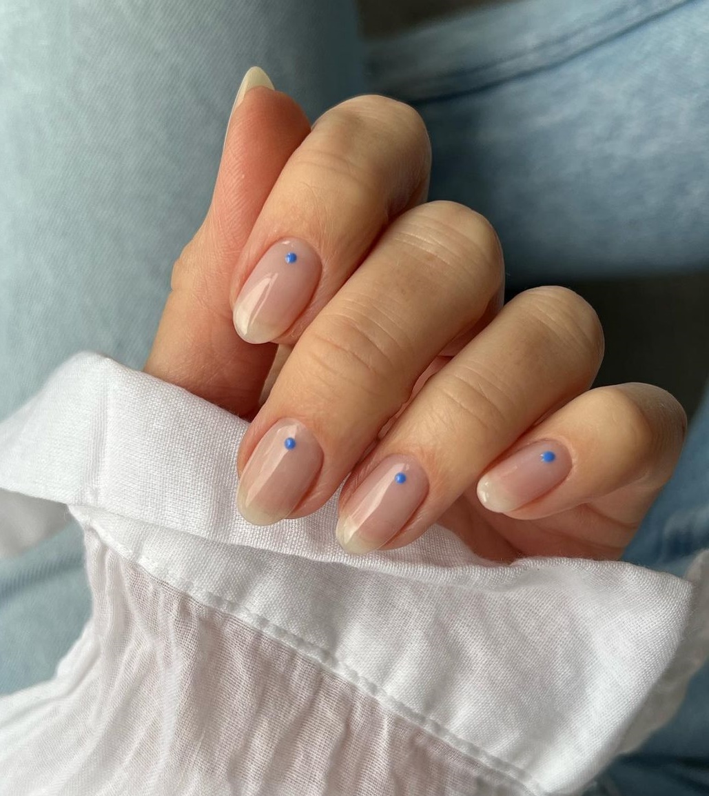 Short Nude Nails with Blue Spots