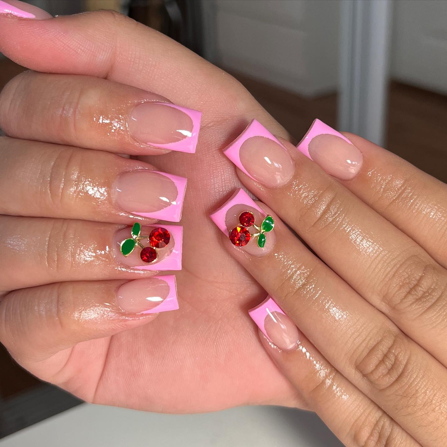 Short Square Nails with Pink Tips and Cherry Rhinestones