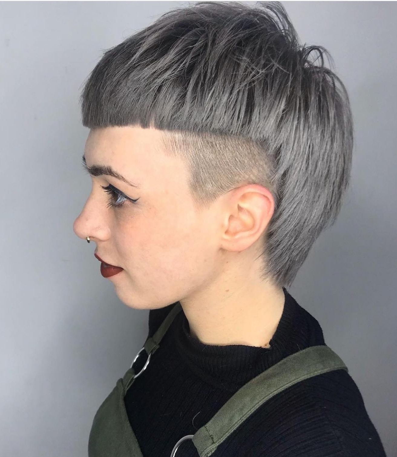 Bowl Mullet Cut on Steel Gray Hair