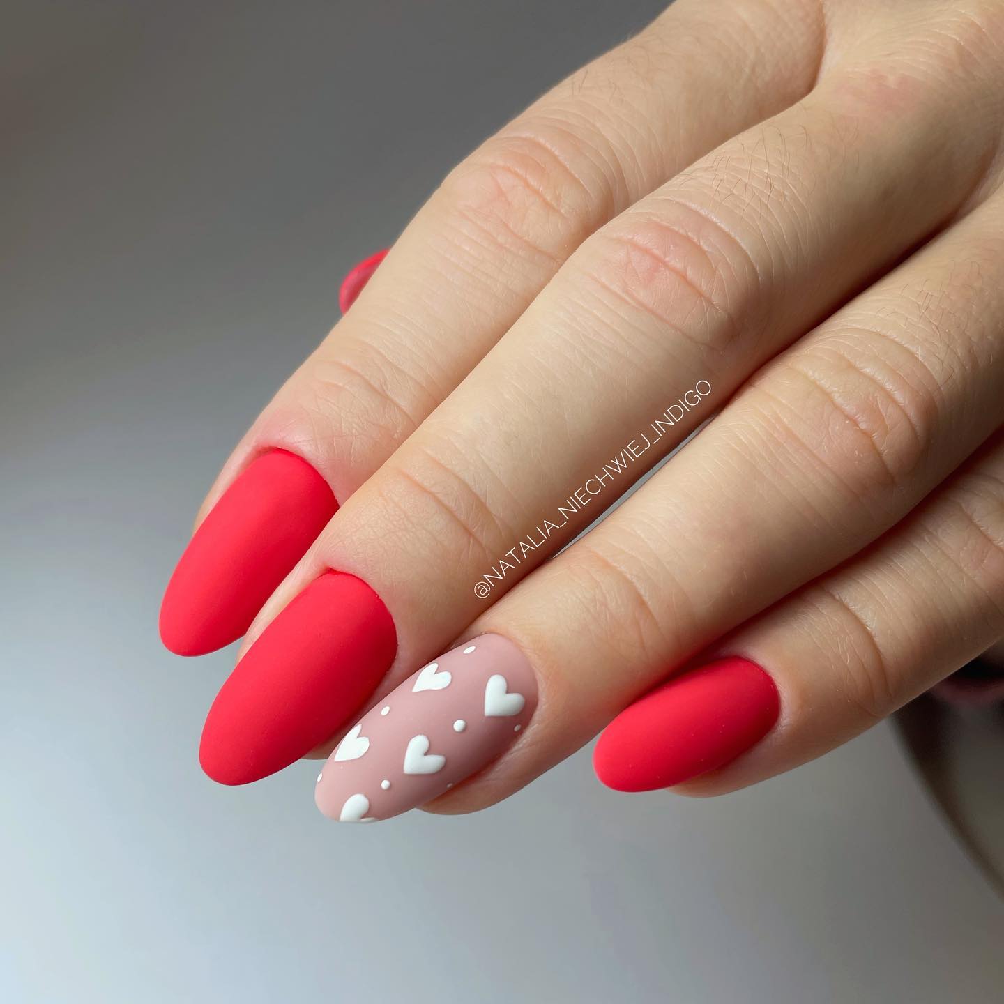 Bright Red Matte Nails with White Hearts