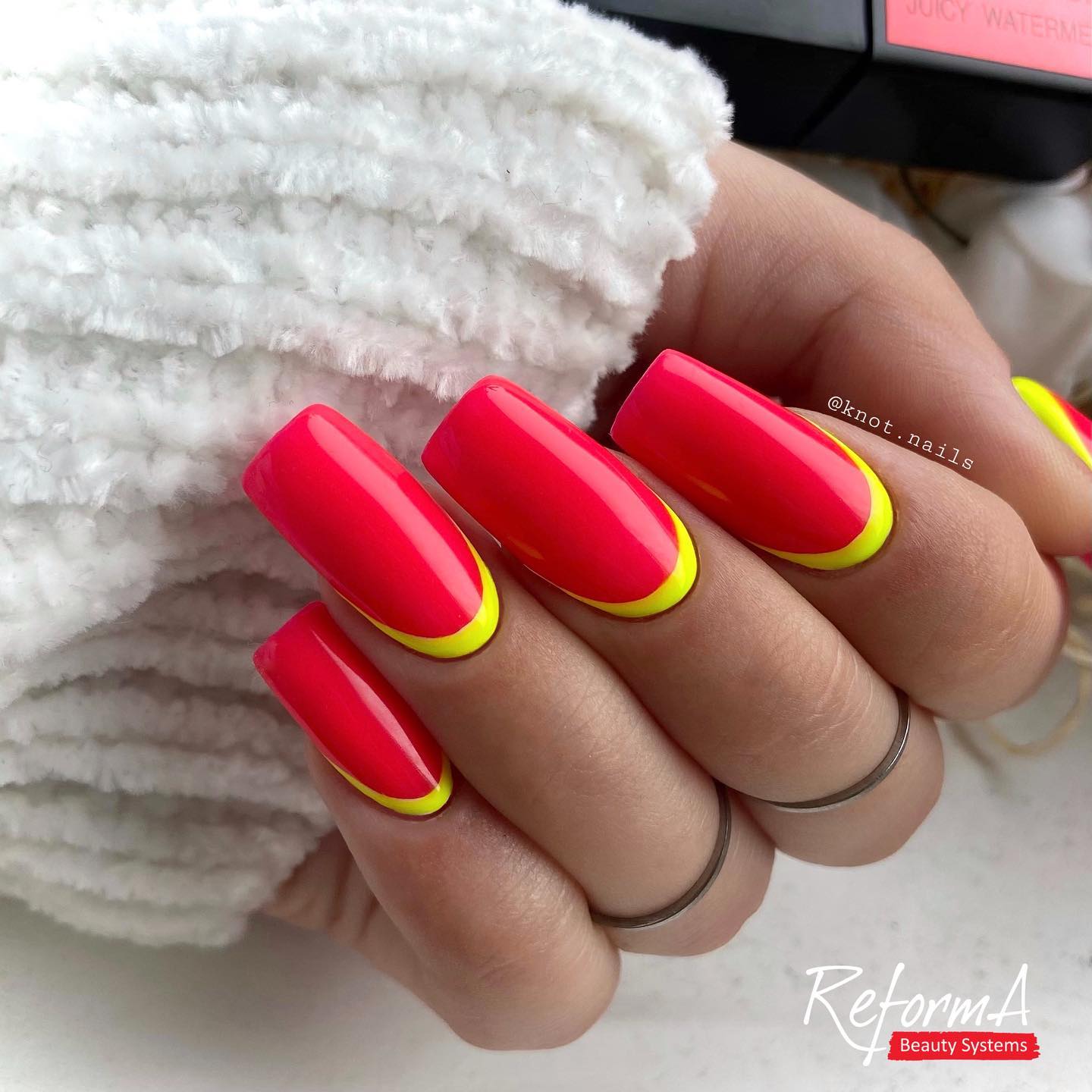Bright Red Square Nails with Bright Yellow Design