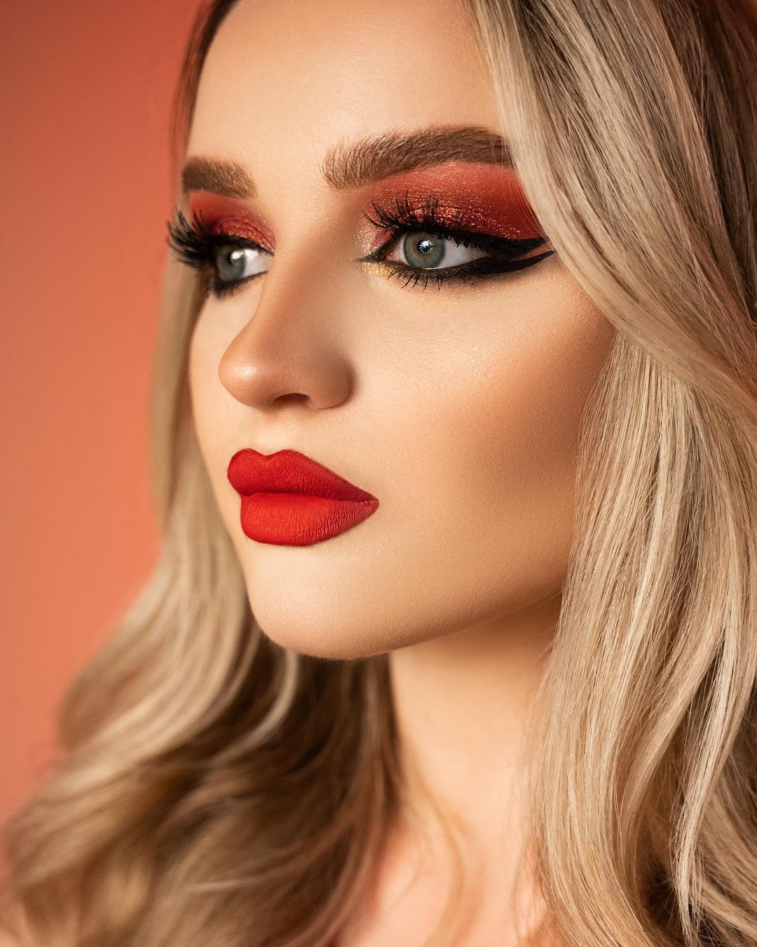 Dark Red Glitter Eye Makeup with Red Matte Lips