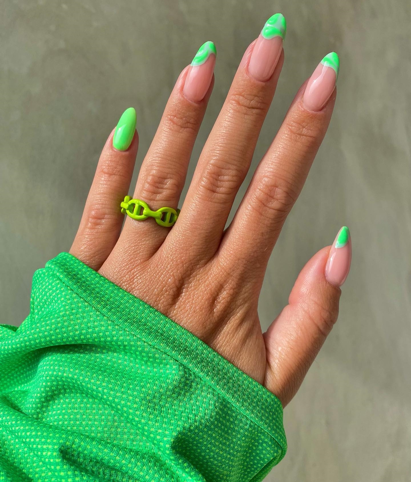 Green Nail with Bright Green Tips