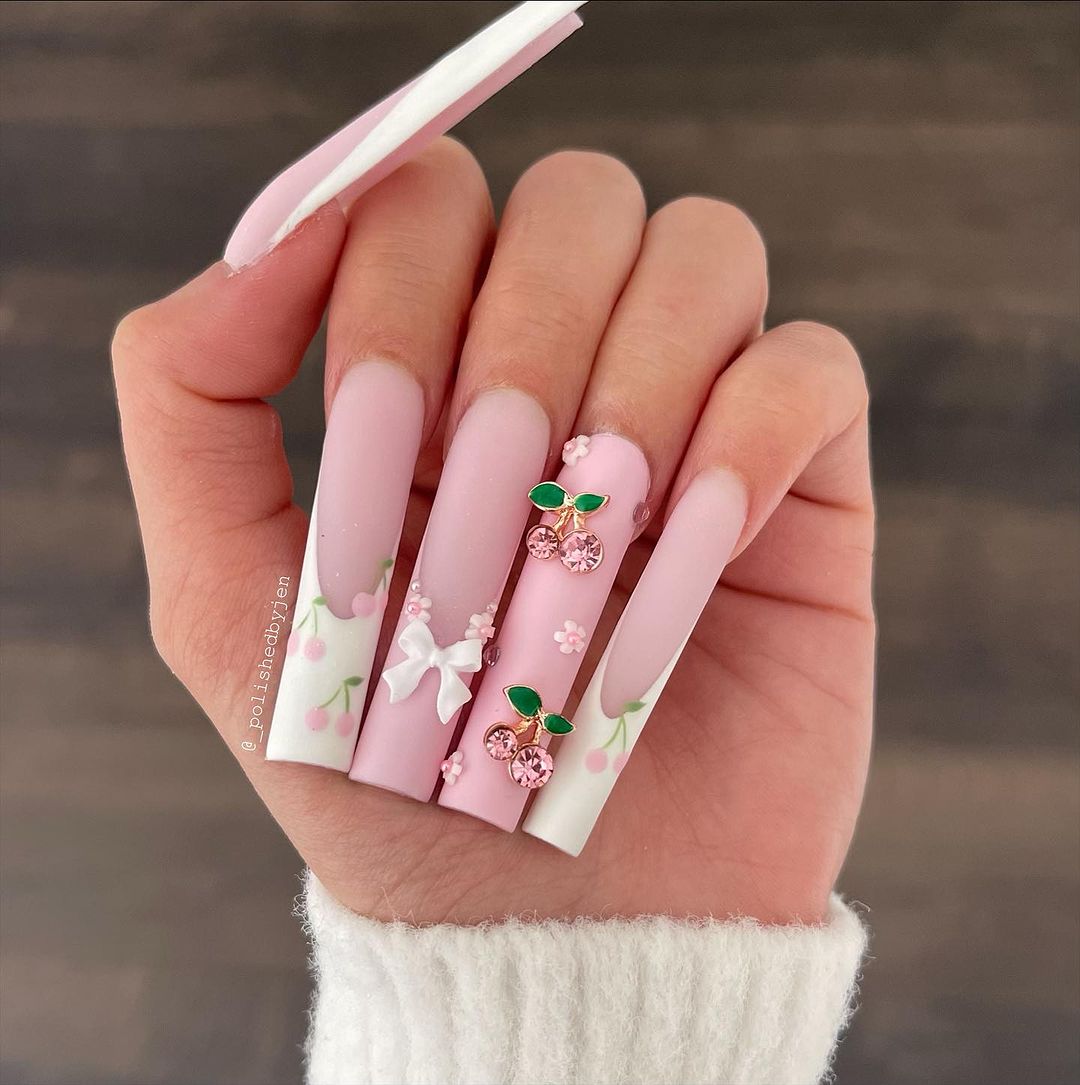 Long Acrylic Matte Nails with Cherry Design
