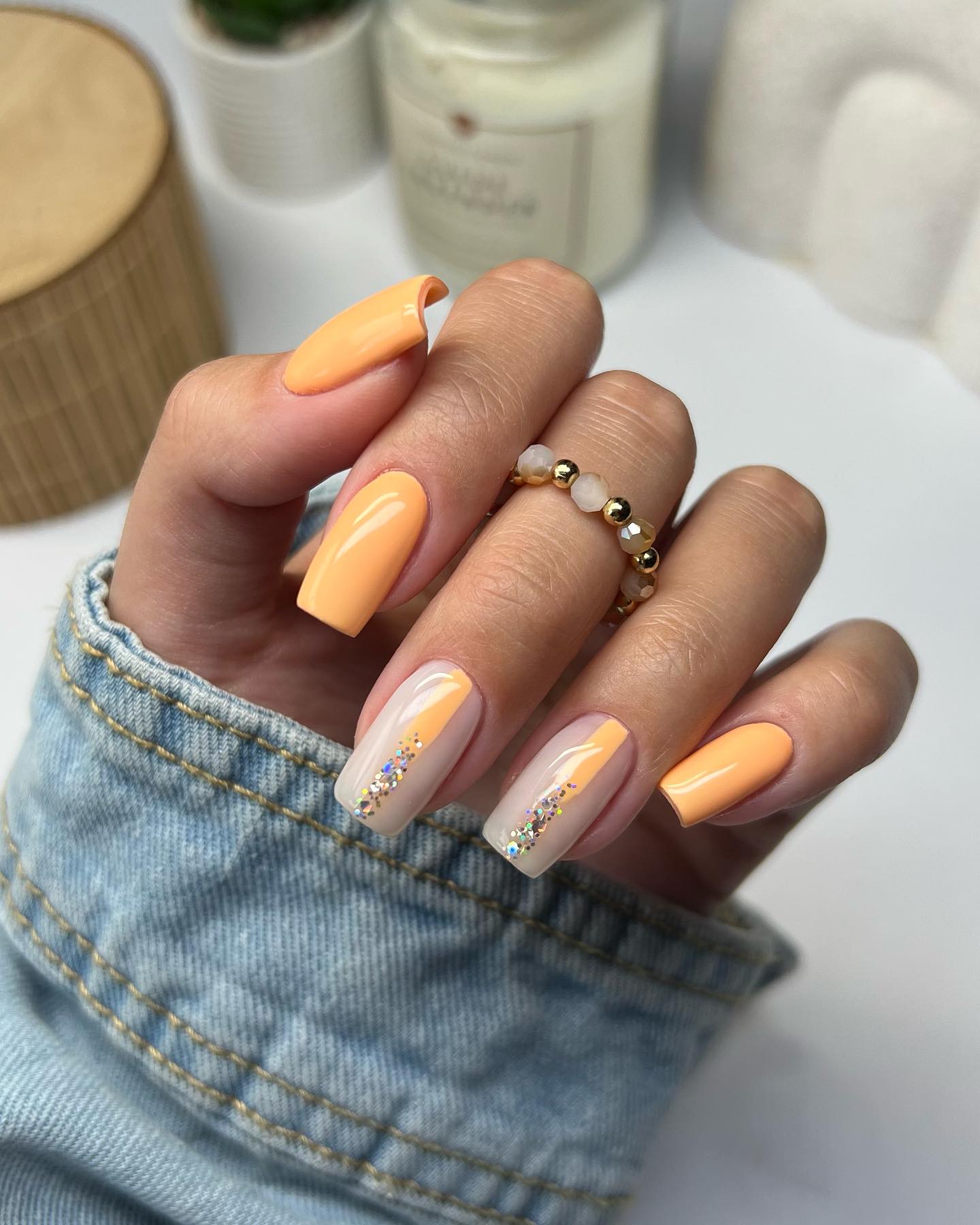 Long Square Light Orange Nails