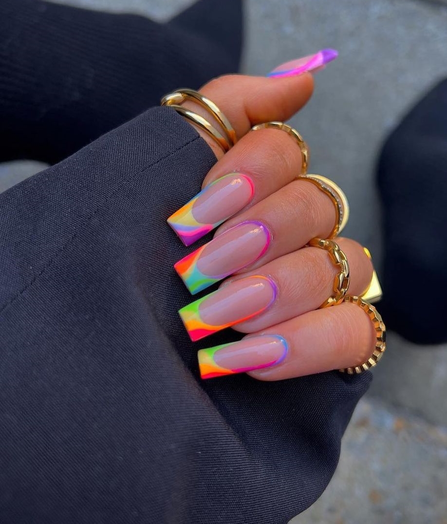 Long Square Rainbow French Tip Nails