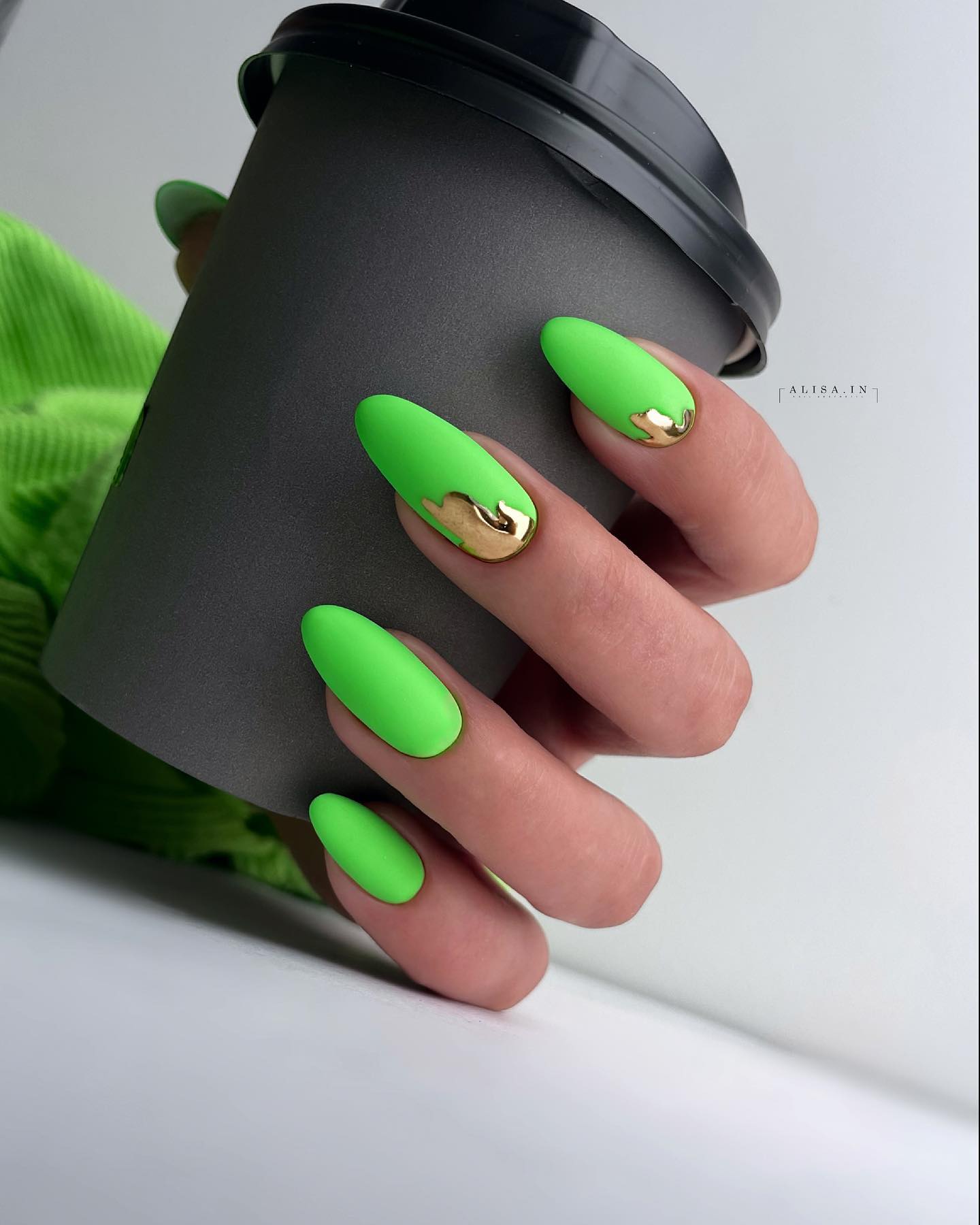 Neon Green Nails with Gold Design