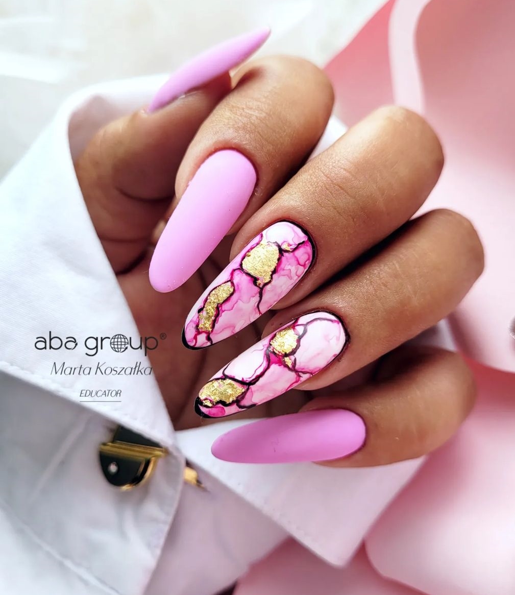 Pink Matte Almond Nails with Marble Design
