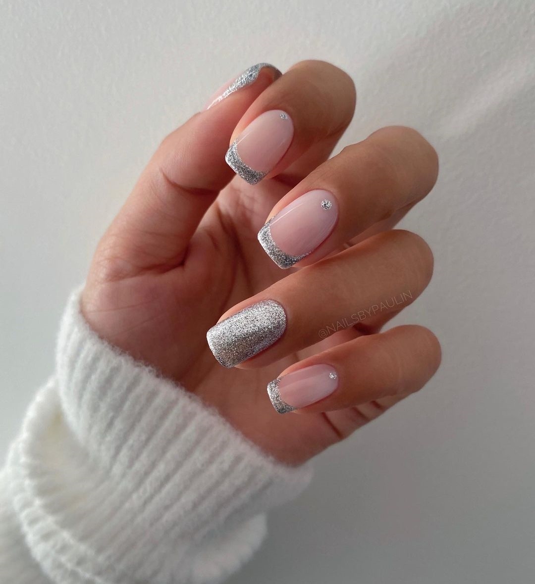 Short Nails with Silver Glitter Tips