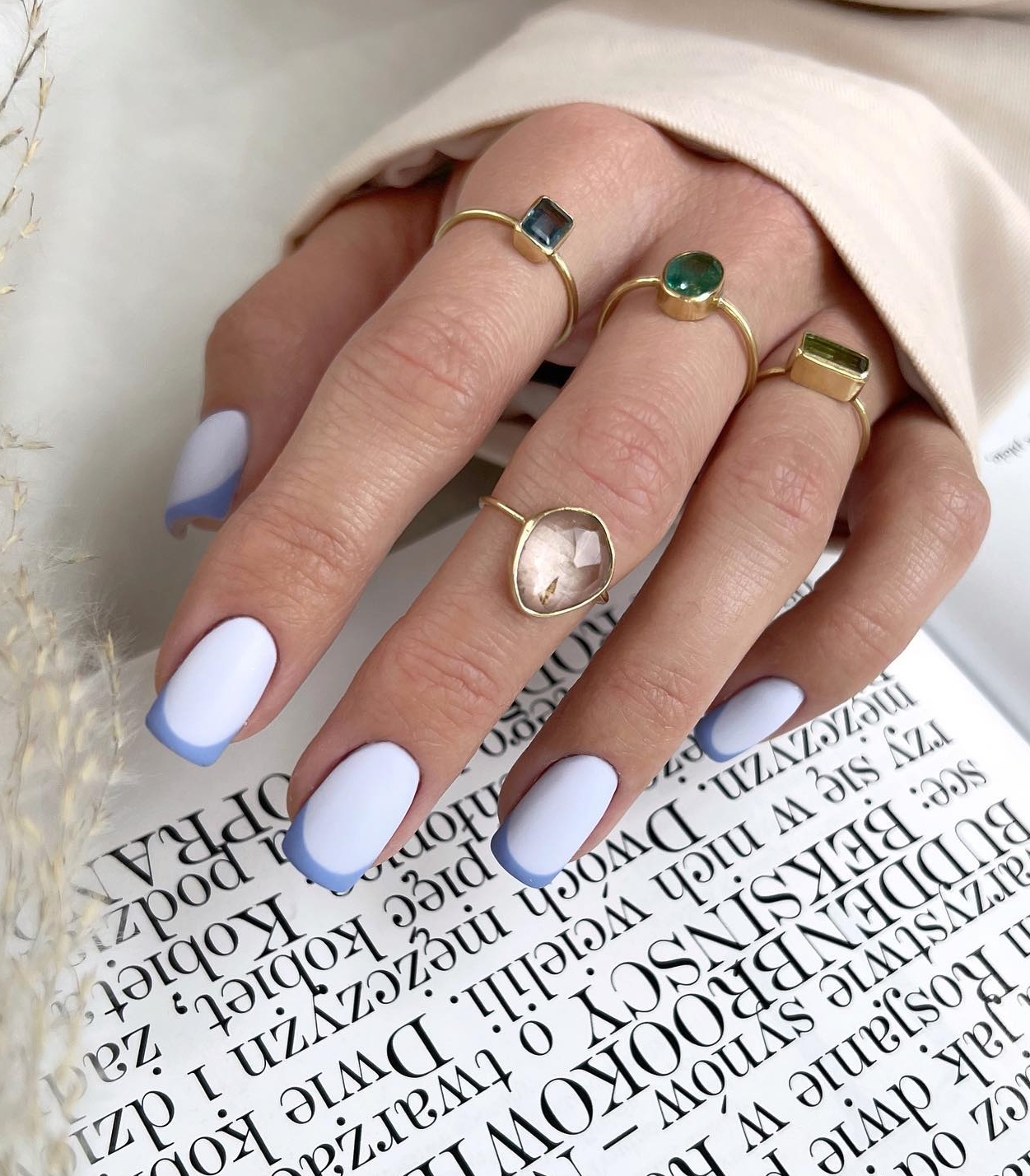 Short Square Blue French Nail Tips with White Base