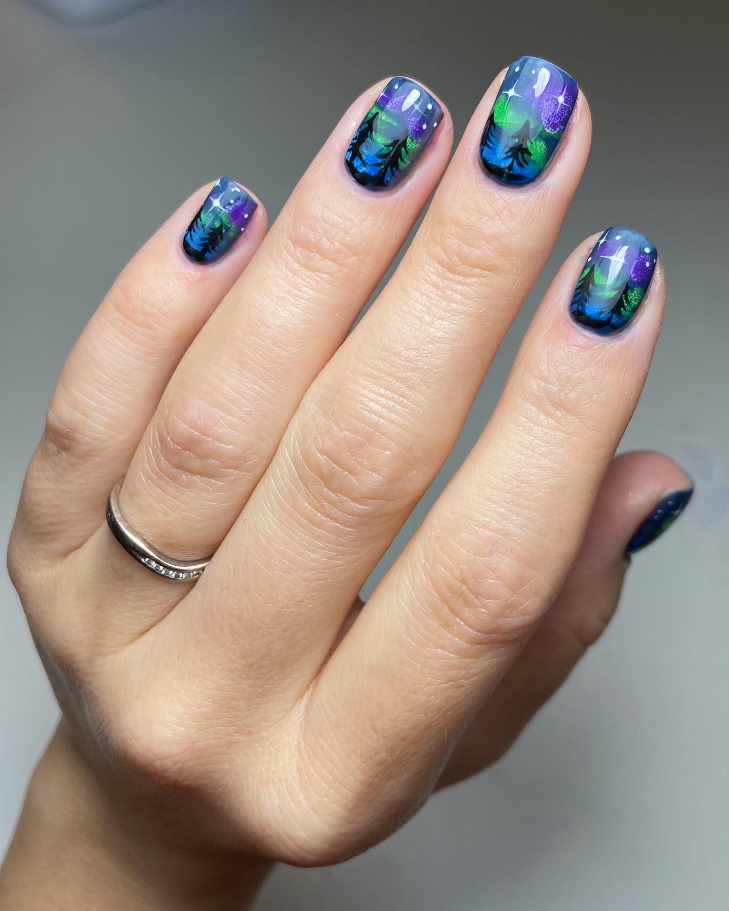 Short Square Northern Lights Blue and Green Nails