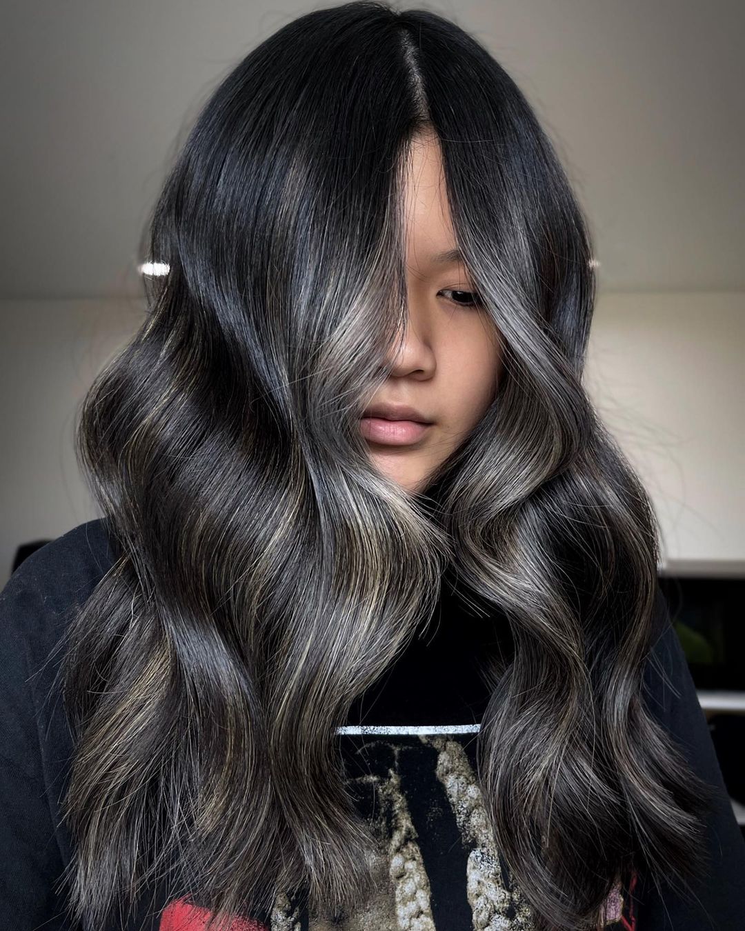 Silver Partial Highlights on Long Thick Black Hair