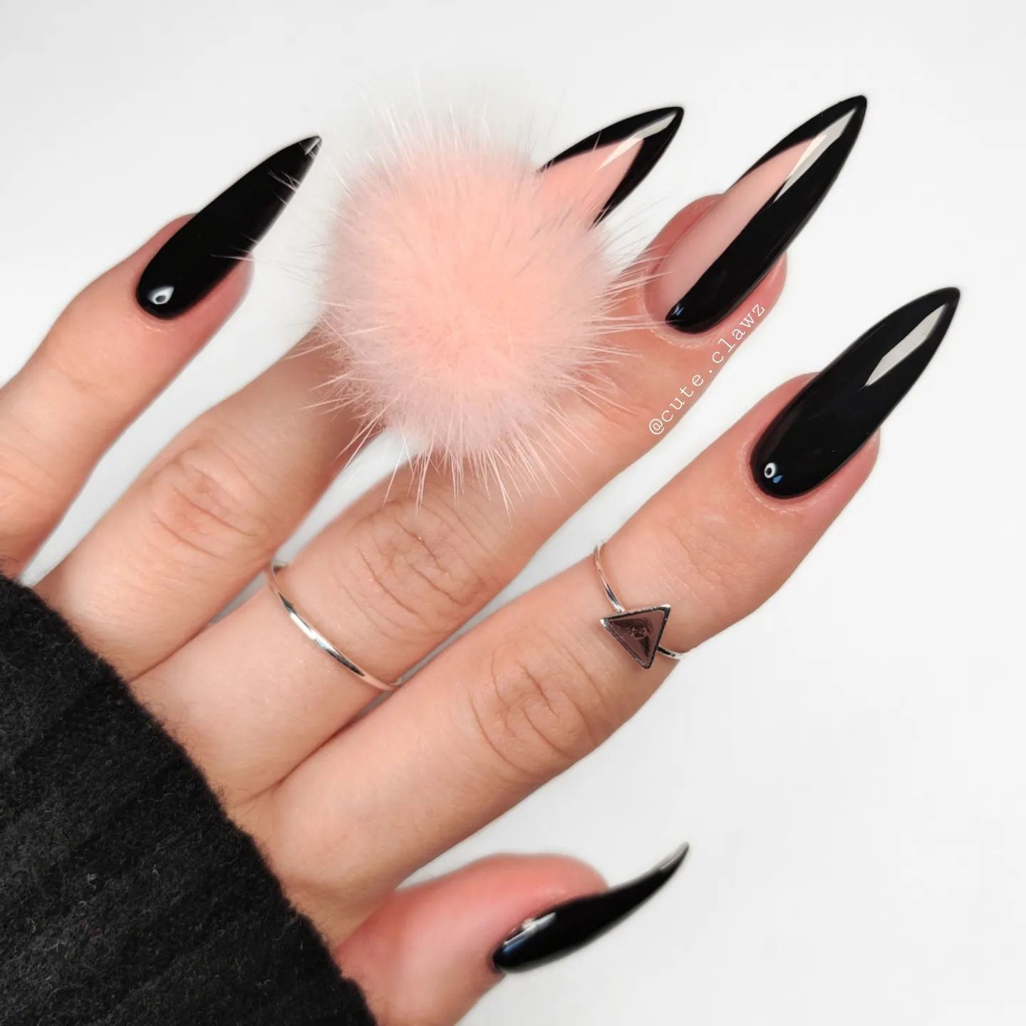 Black Glossy Stiletto Nails With French Tips