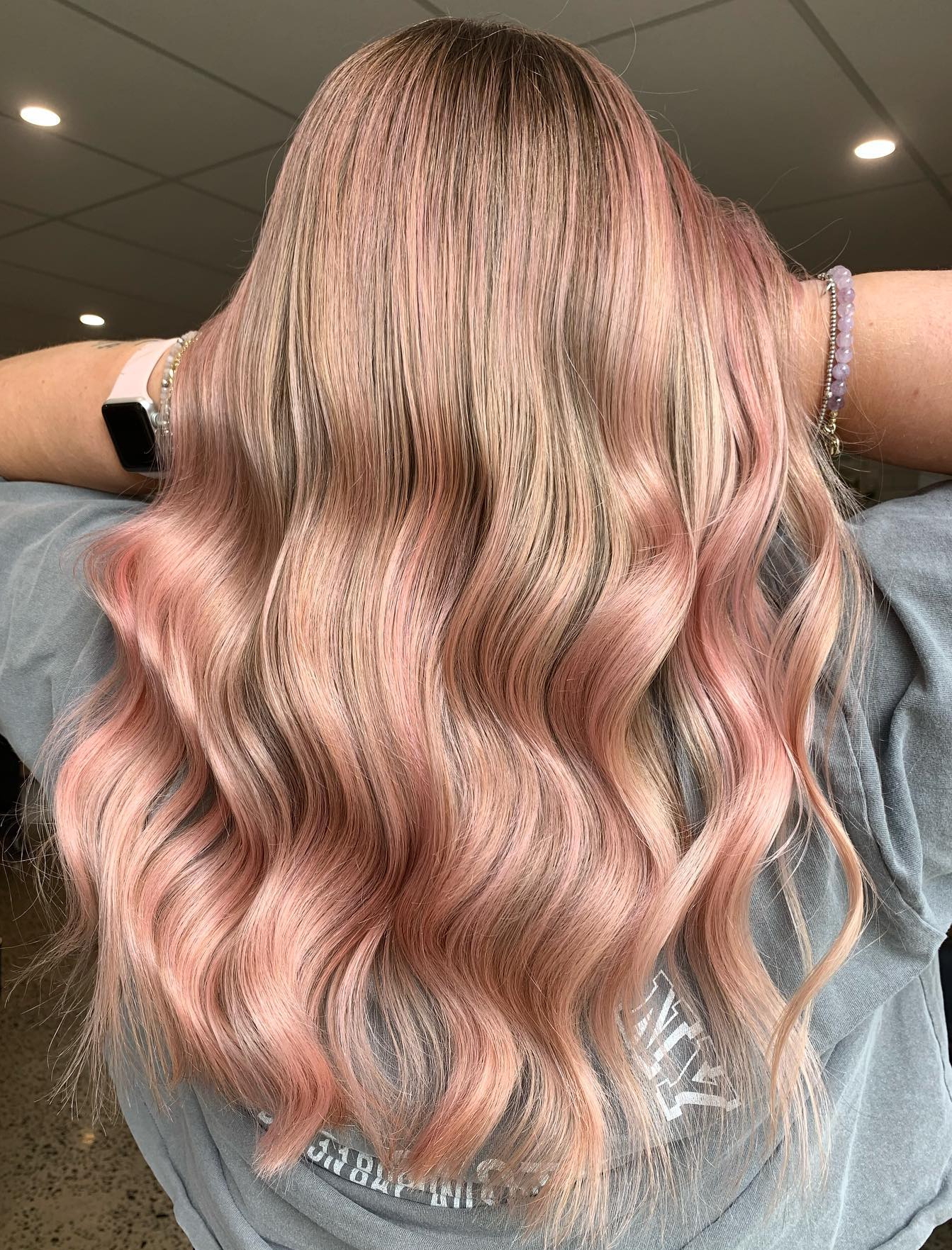 Blonde to Rose Gold Color on Long Wavy Hair