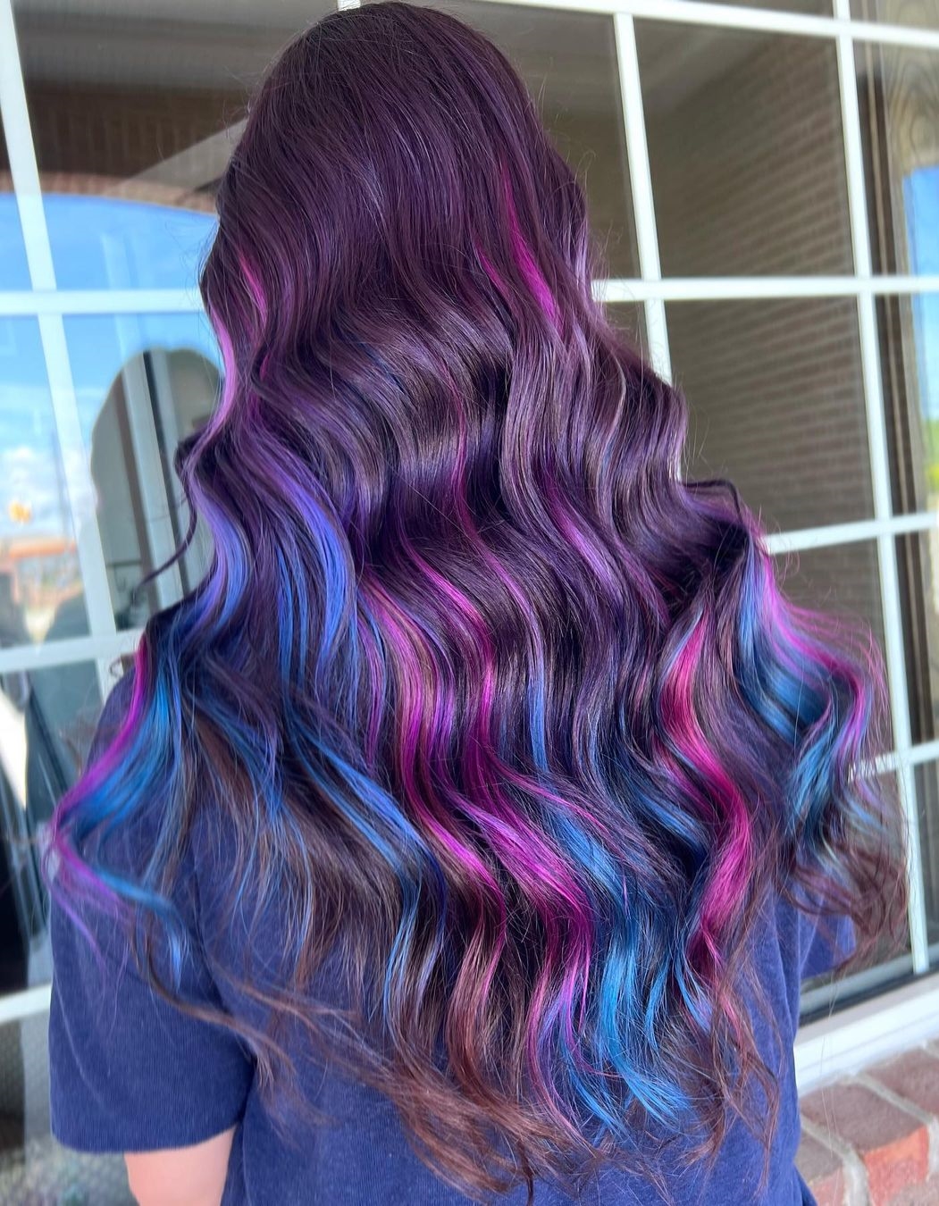 Blue-Purple Peekaboo Hair on Long Wavy Hair