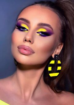 Yellow and Purple Blend Makeup with False Eyelashes