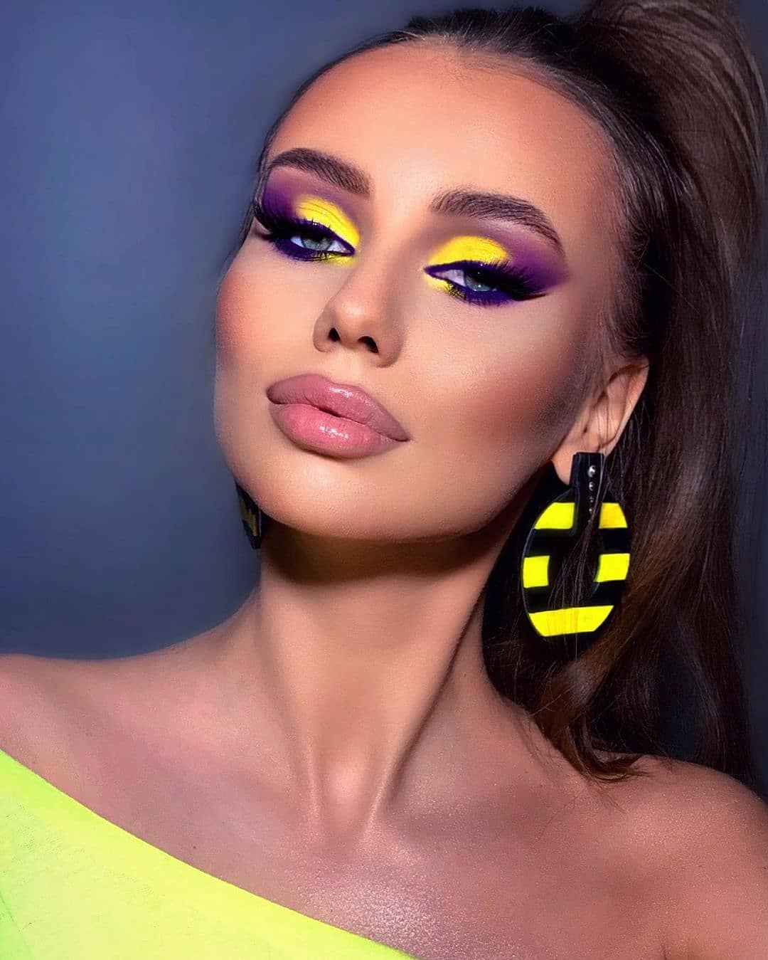 Bright Yellow-to-Purple Glam Makeup