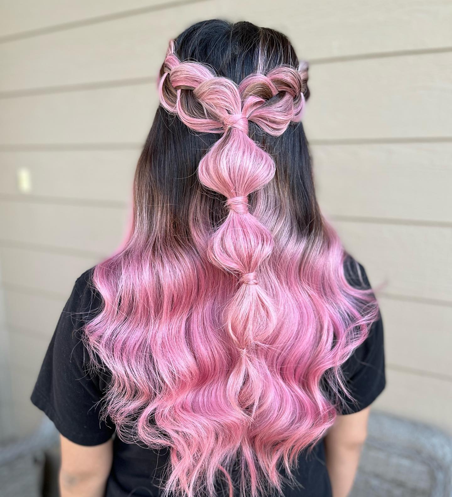 Bubble Braids on Dark Hair with Pink Ends