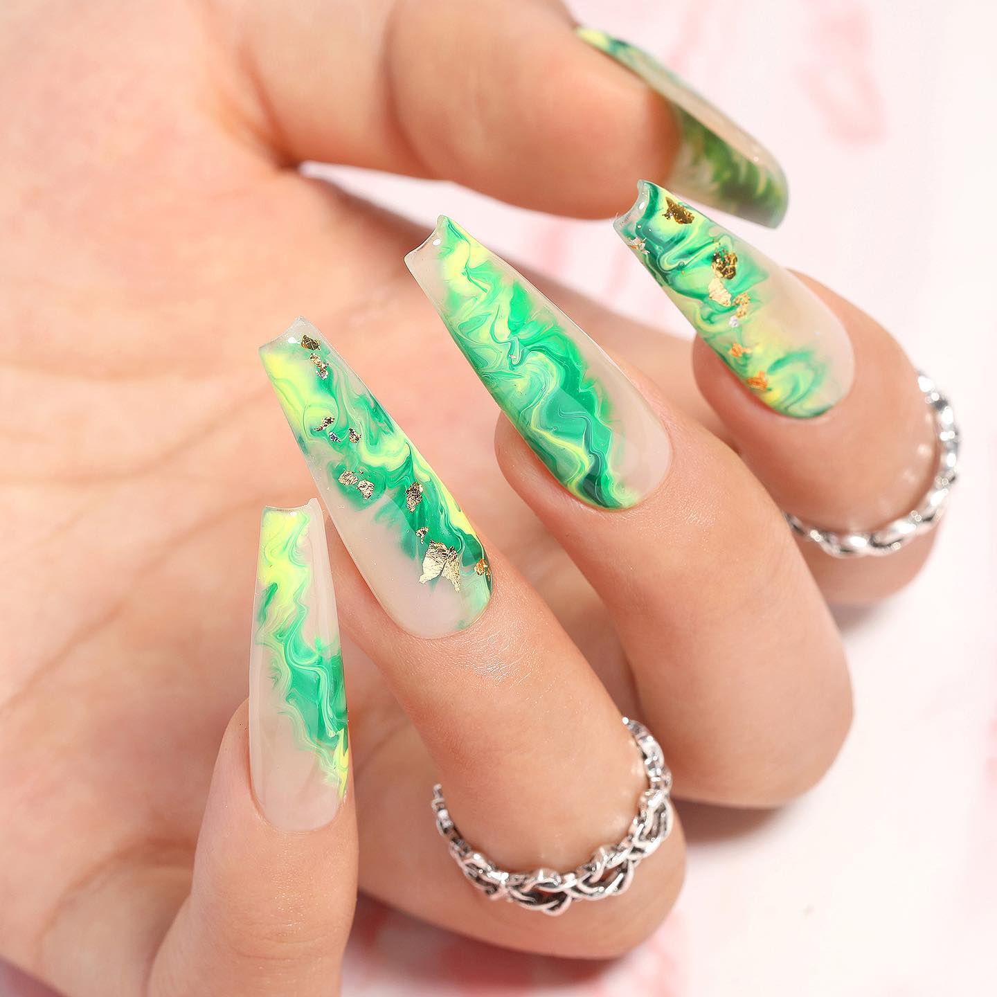 Coffin Nails with Green Marble Design
