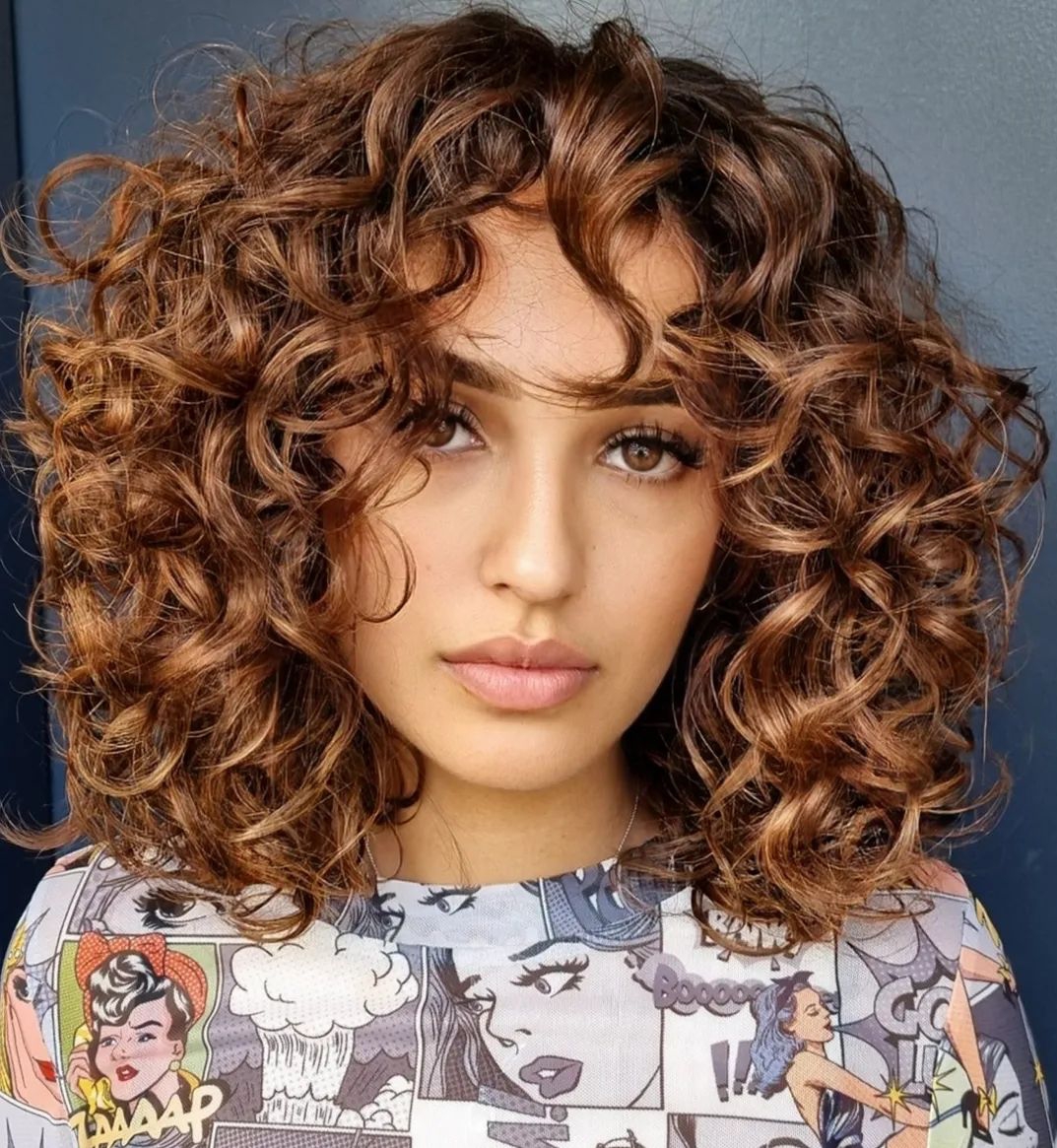 Copper Brown Hair Color on Curly Bob Cut