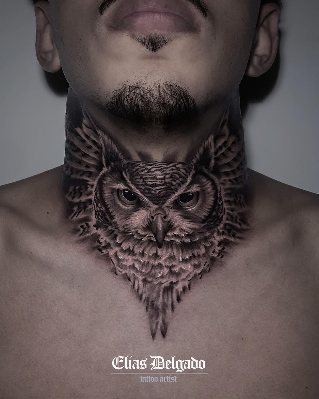 Front Neck Black and White Owl Tattoo for Men