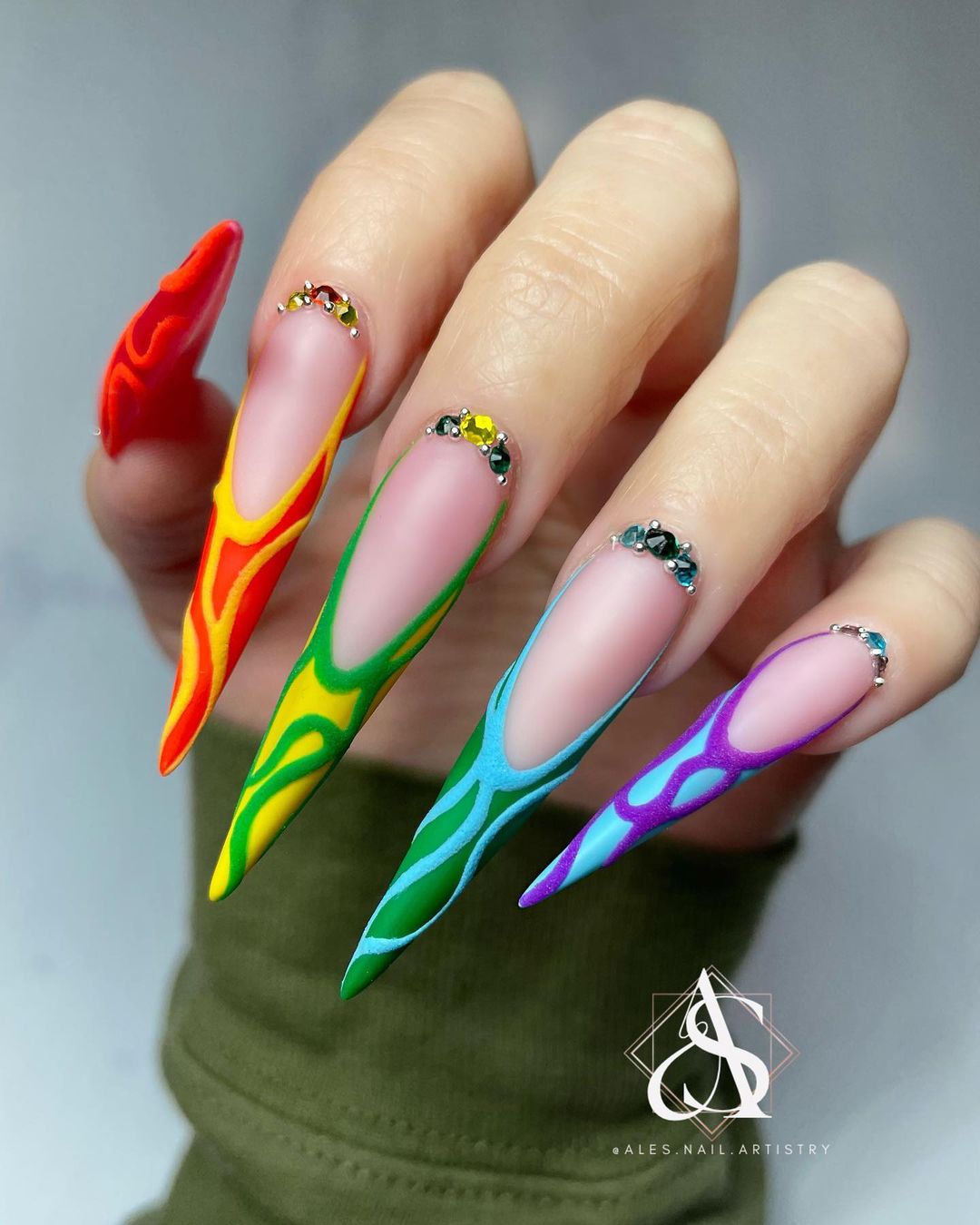 Long Acrylic Stiletto Nails with Rainbow French Tips