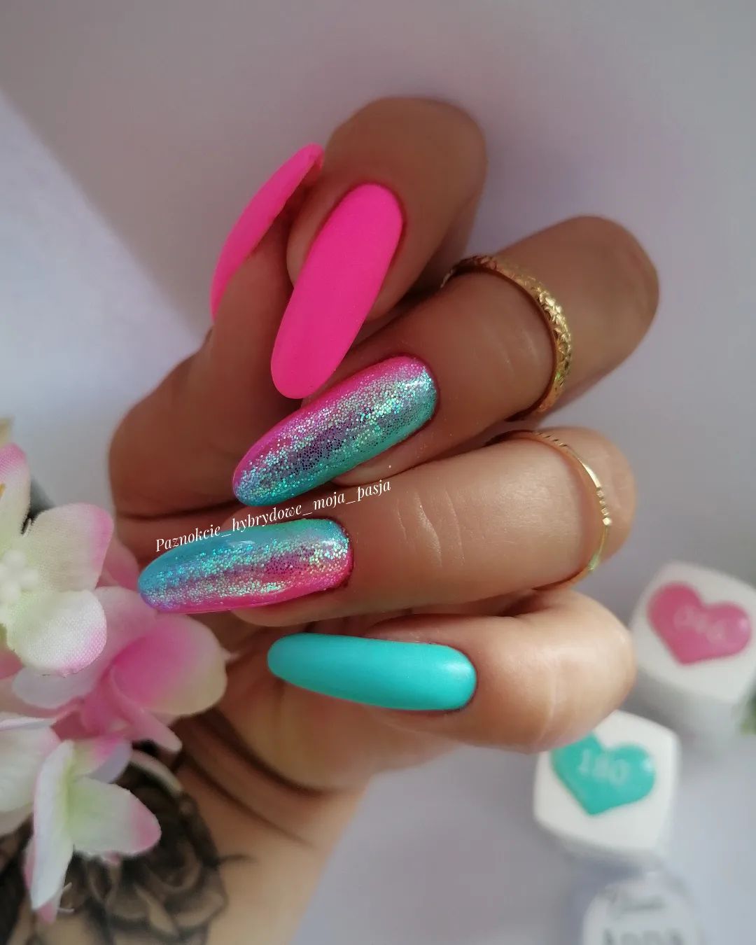 Long Round Pink and Blue Nails