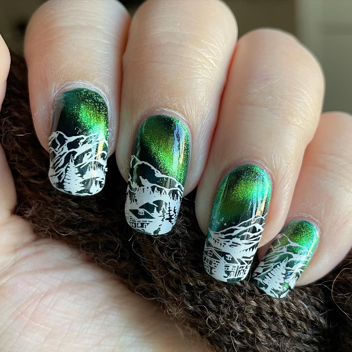 Long Round Sparkly Green Galaxy Nails