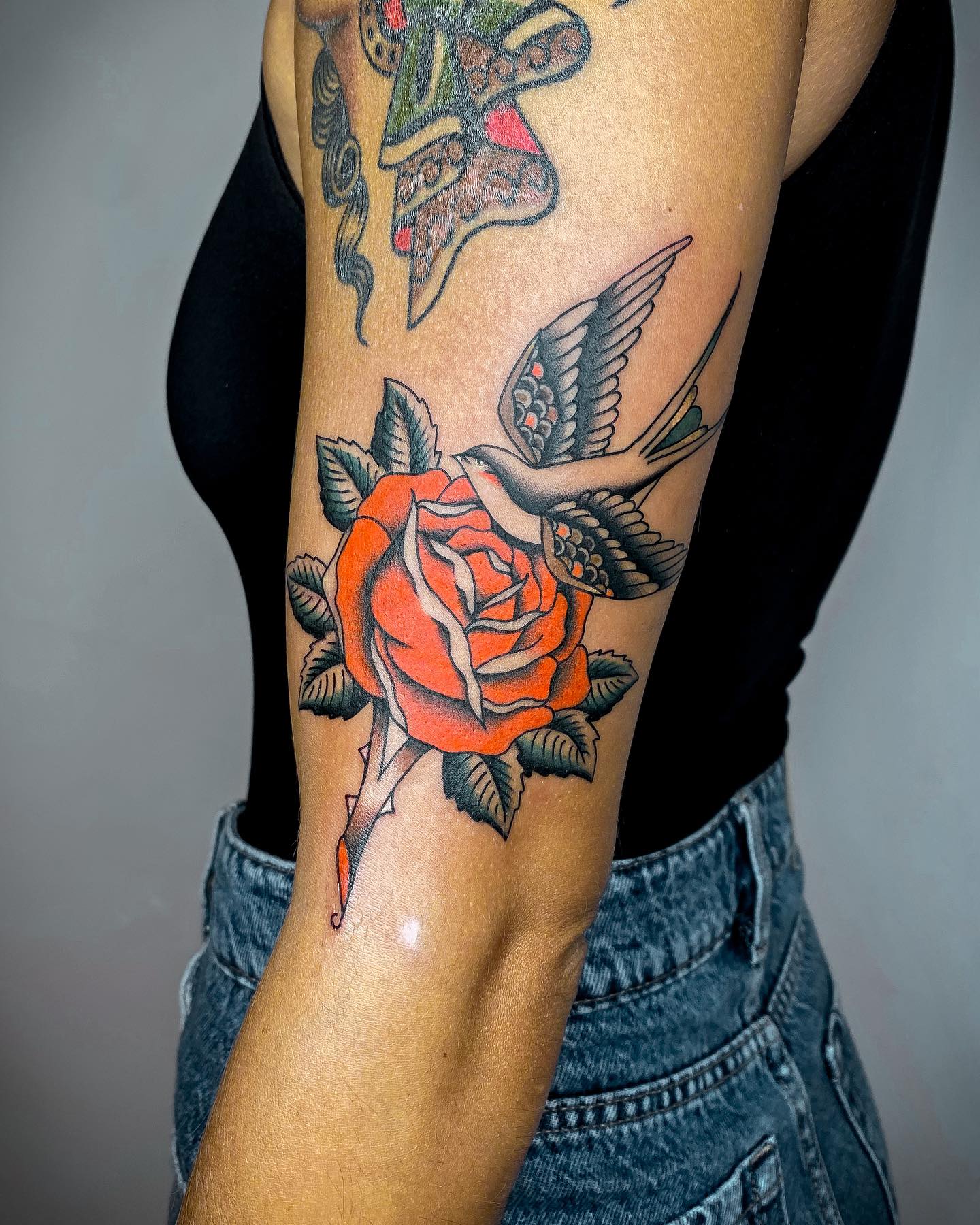Orange Rose Tattoo with Bird