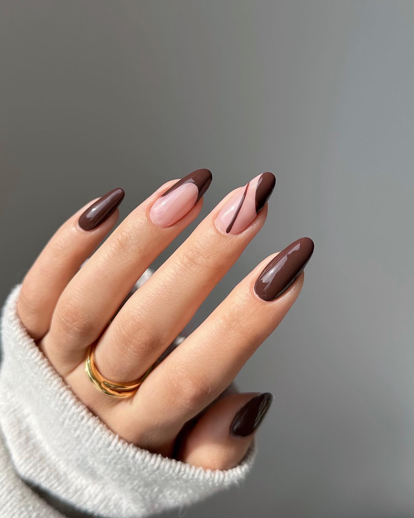 Round Dark Brown Nails with French Tips