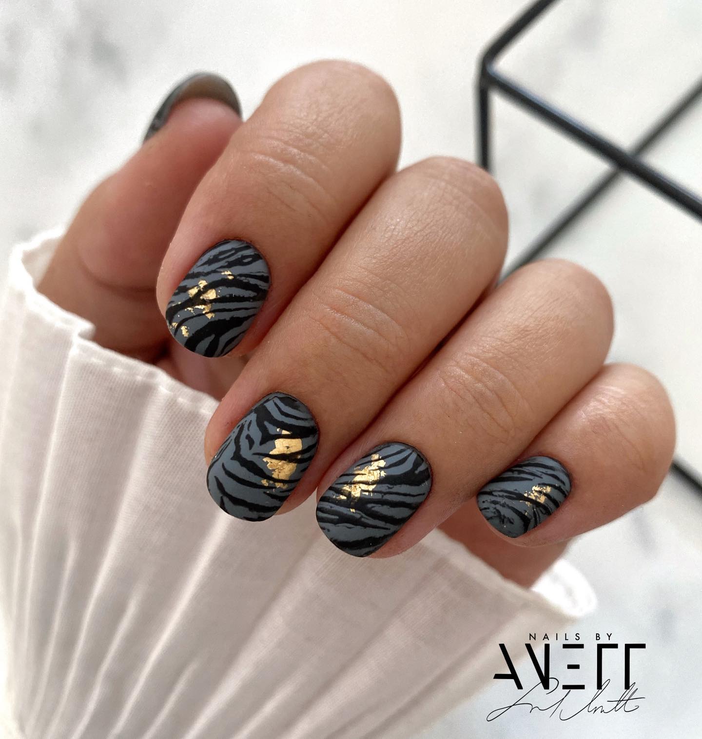 Short Grey Matte Nails with Leopard Print and Gold Foil