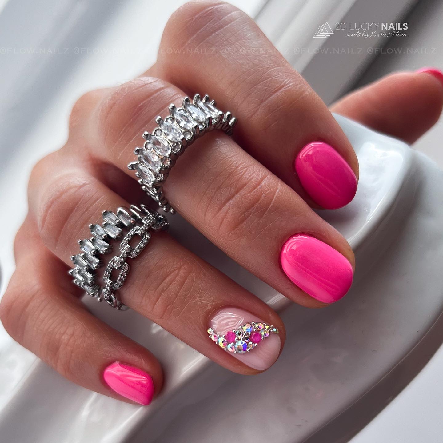 Short Pink Nails with Rhinestones on Accent Nail
