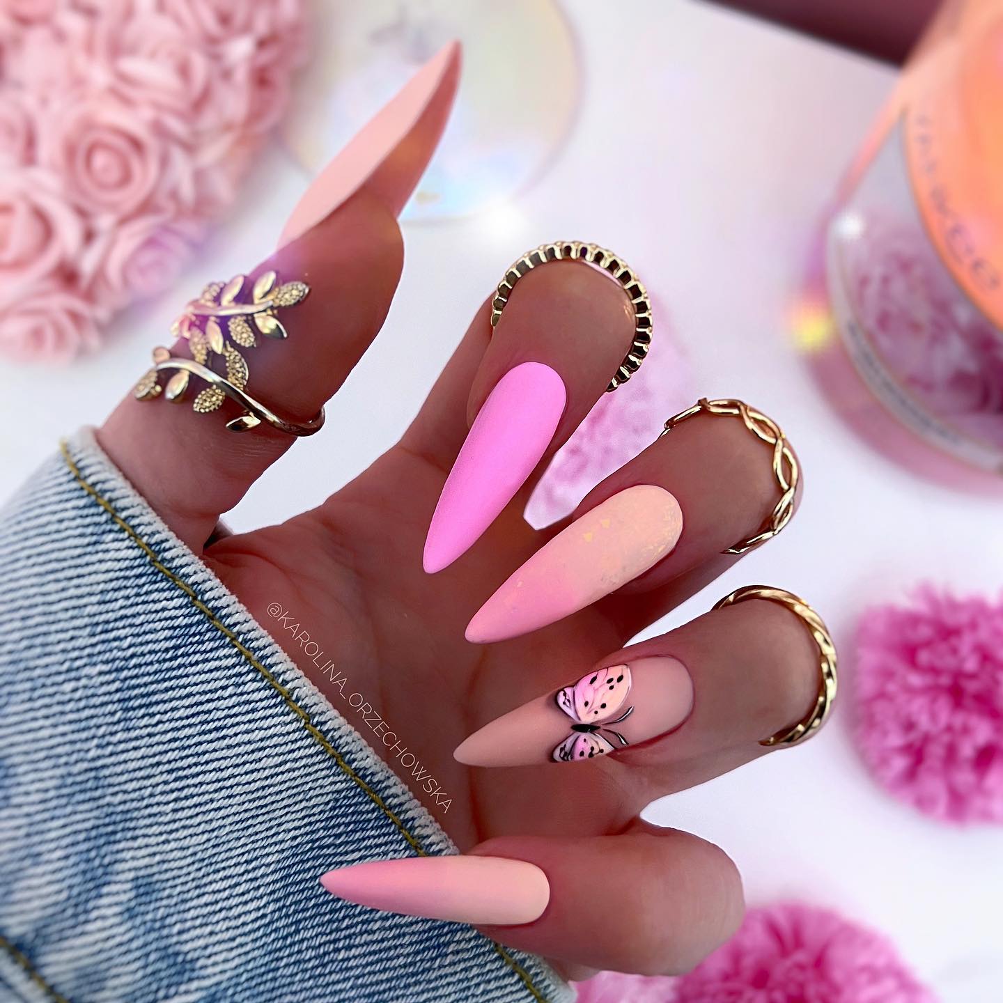 Stiletto Pink Matte Nails with Butterfly Design