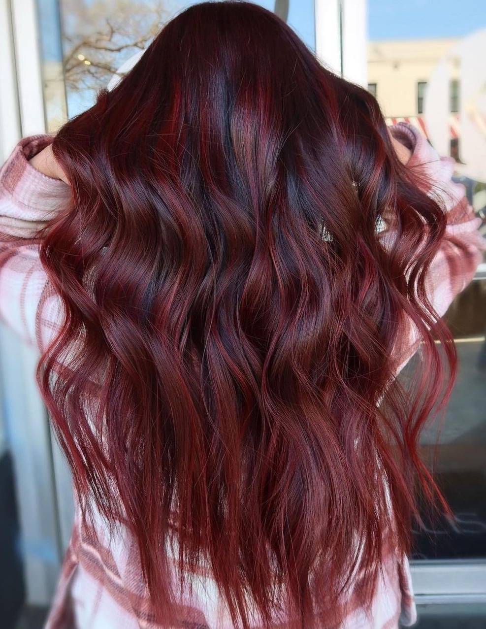 Wine Red Color on Long Wavy Hair