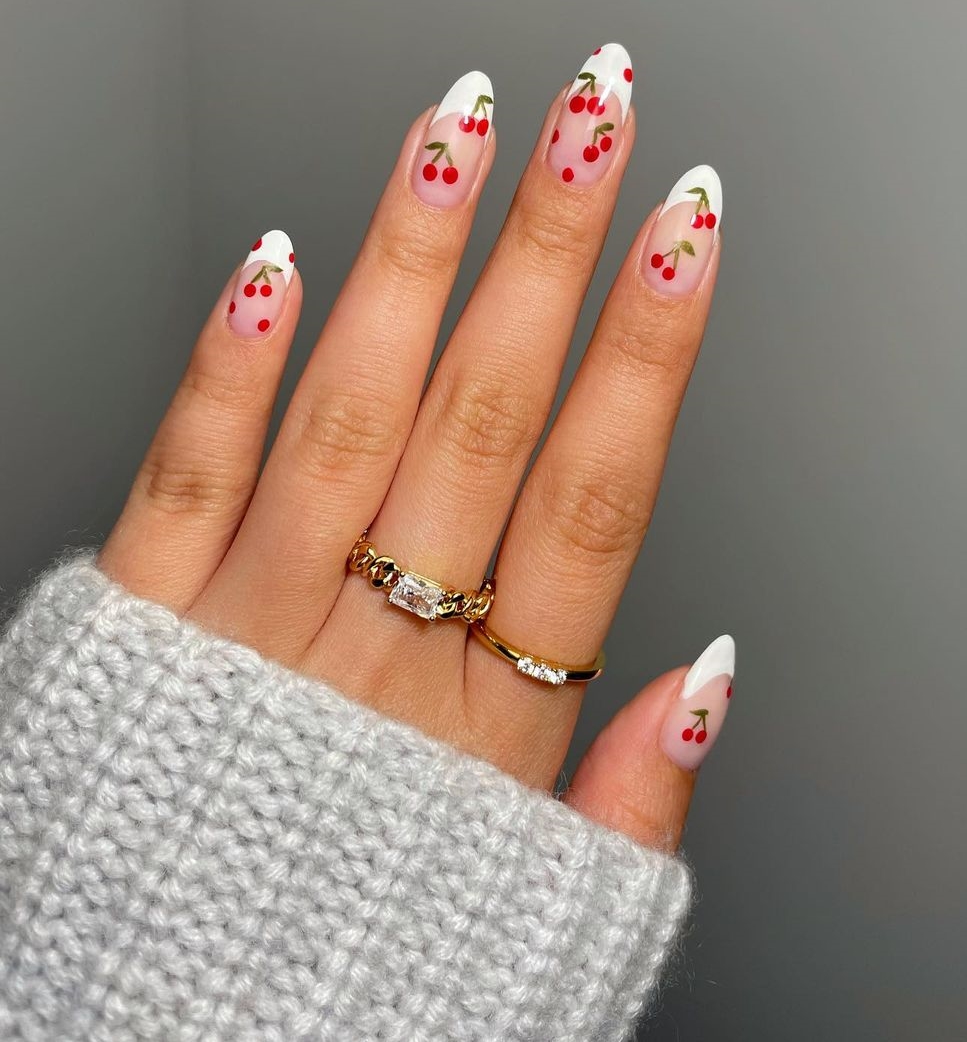 Almond Nails with Classy French Tips and Cherries