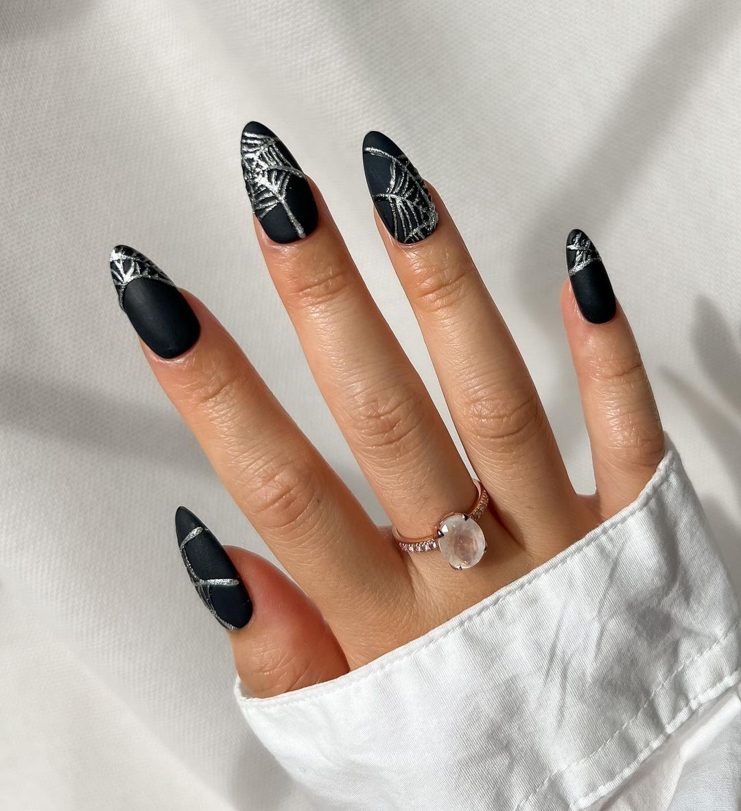 Black Matte Nails with Silver Spider Web