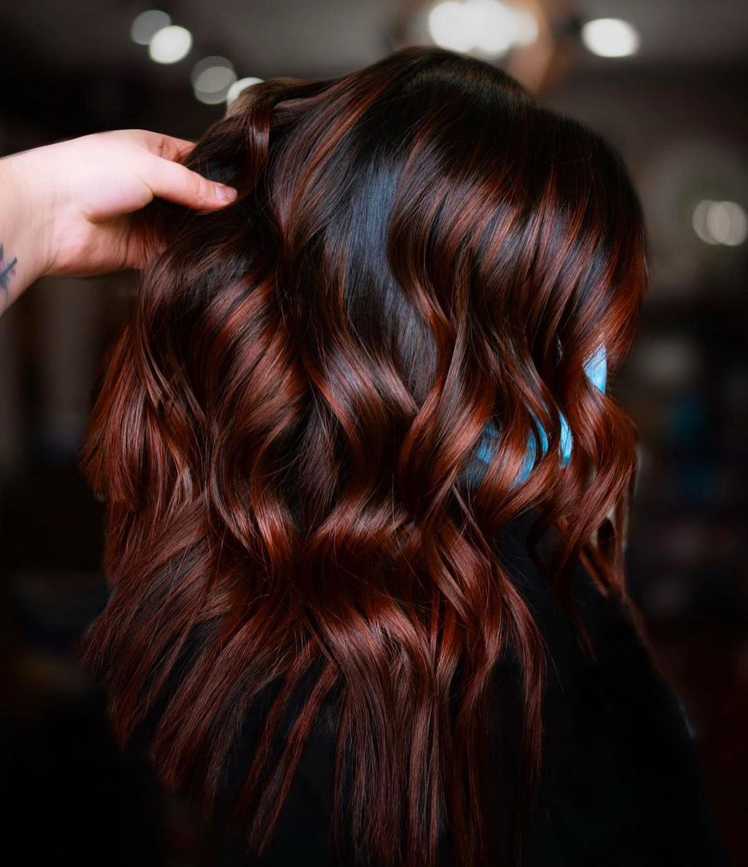 Dark Red Balayage on Long Wavy Dark Brown Hair